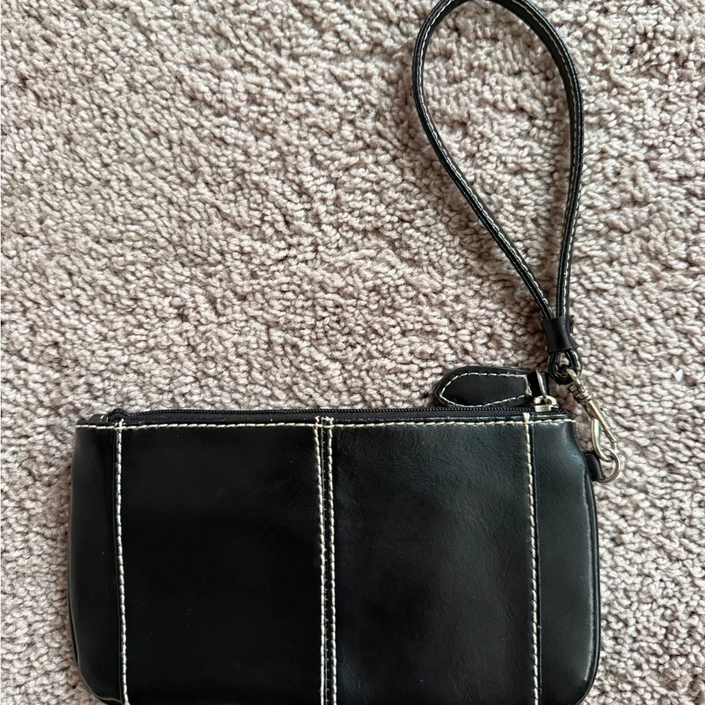 Vintage Y2K Wilsons Leather Black Wristlet Clutch White Stitching & retro Buckle
